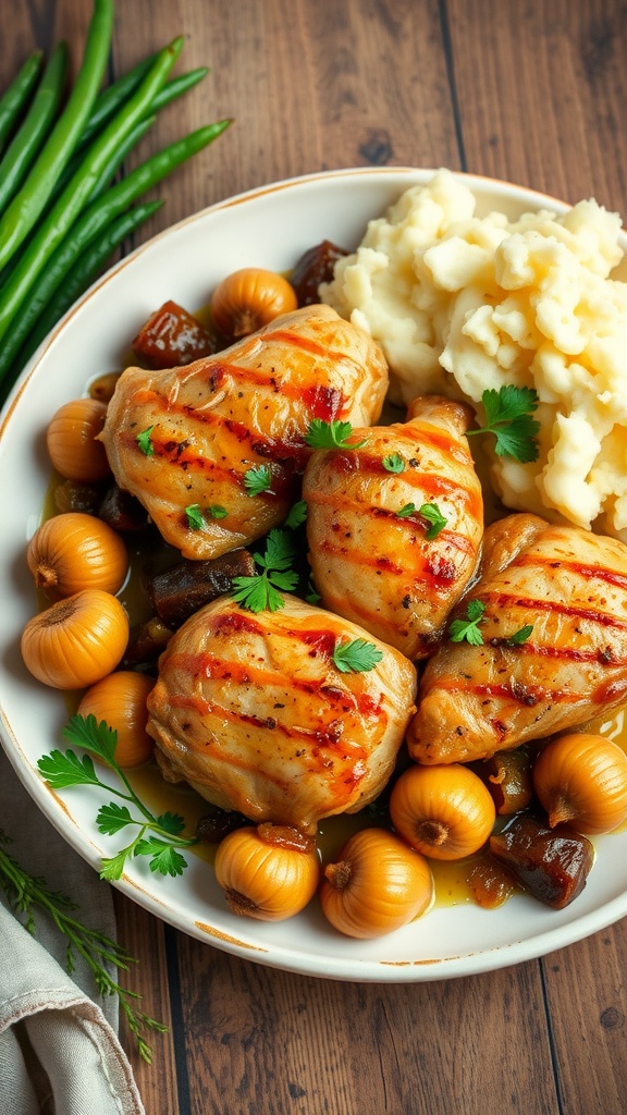 A plate of slow-cooked 20 clove garlic chicken with roasted garlic and onions, garnished with parsley.